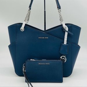 Michael Kors Large X Chain Shoulder Tote Bag & Double Zip Wallet Leather Navy
